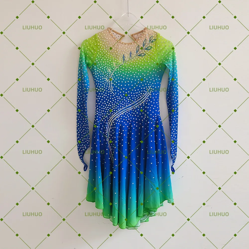 LIUHUO Figure Skating Dress  JC1275 | Vibrant Lime Green Royal Blue Gradient Vine Crystal Keyhole Back Long Sleeve Outfit for Women & Girls
