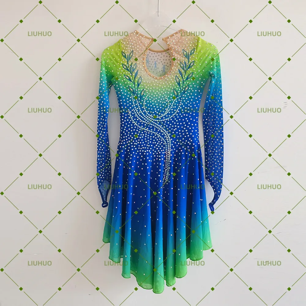 LIUHUO Figure Skating Dress  JC1275 | Vibrant Lime Green Royal Blue Gradient Vine Crystal Keyhole Back Long Sleeve Outfit for Women & Girls