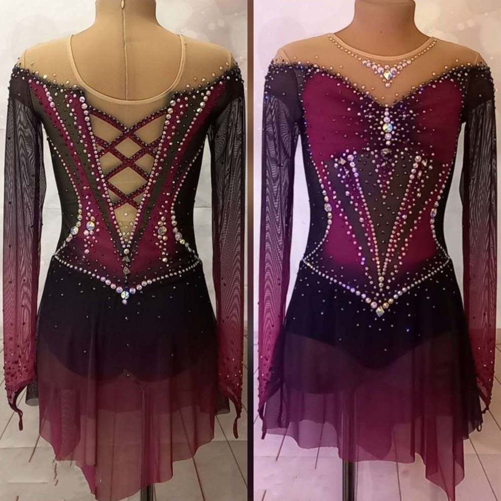 LIUHUO Figure Skating Dress JC1263 | Burgundy Ombre Crystal Competition Ice Skating Dress for Girls