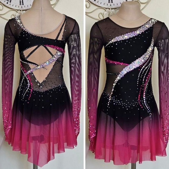 LIUHUO Figure Skating Dress JC1264 | Black & Pink Ombre Crystal Competition Ice Skating Dress for Girls