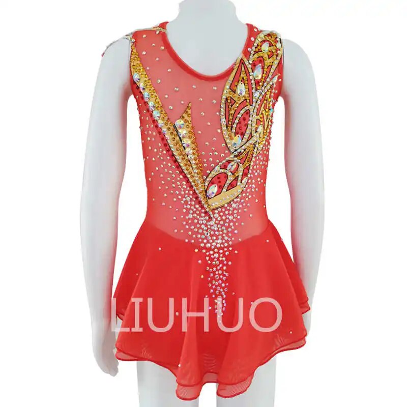 LIUHUO Figure Skating Costume Red Mesh Splicing Two-Color Girls Competition Performance Costume-LIUHUO