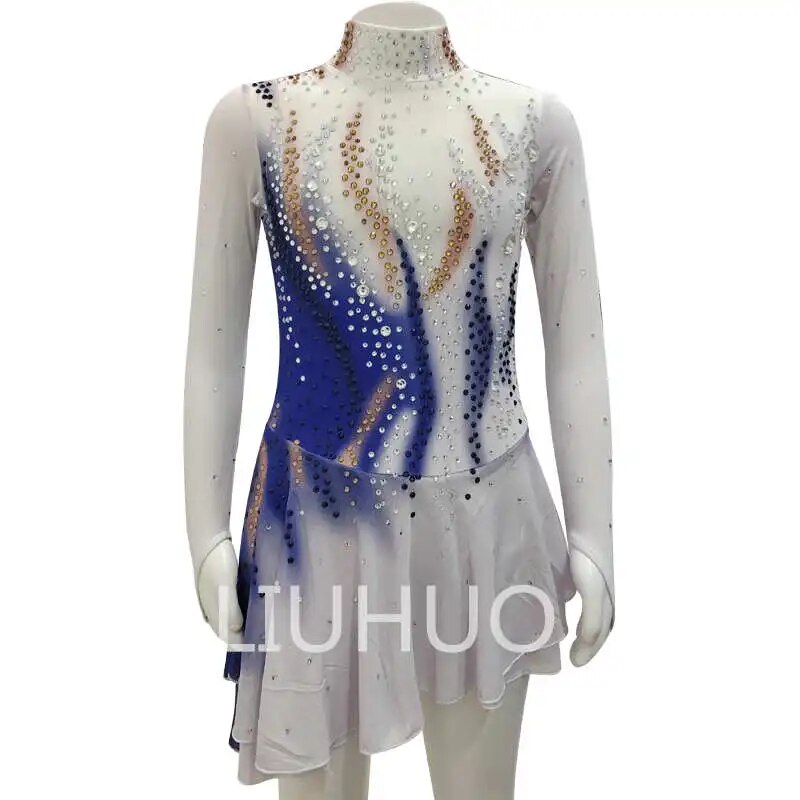Figure Skating Costume Girls Junior Blue And White Skating Dance Dress Competition Dress-LIUHUO