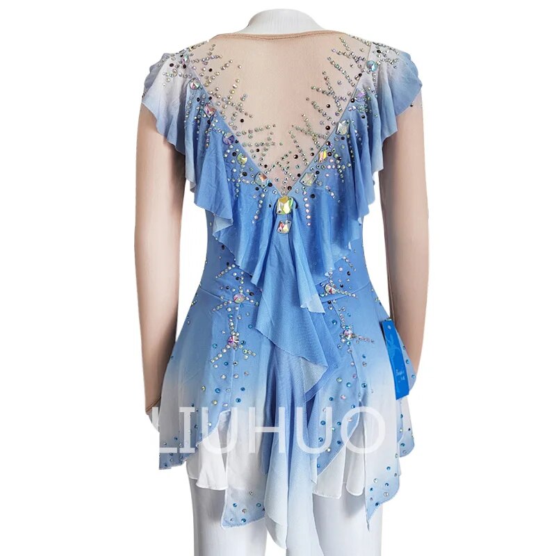 LIUHUO Light Blue Gradient Figure Skating Dress Girls Women Practice Long Sleeve Ice Skating Skirt Performance Wear-LIUHUO