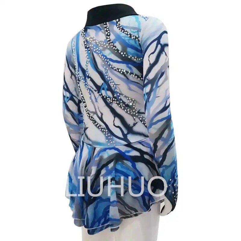 Figure Skating Blue Diamond Competition Dance Skating Dress Long Dress Blue Pattern Skating Dress-LIUHUO