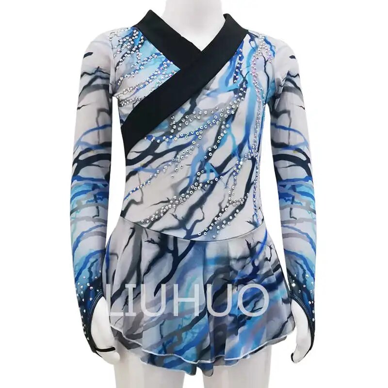 Figure Skating Blue Diamond Competition Dance Skating Dress Long Dress Blue Pattern Skating Dress-LIUHUO