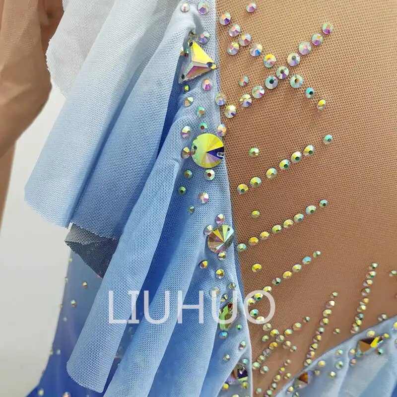 Blue gradient Figure Skating Dress Girls Women Practice Long Sleeve Ice Skating Skirt Performance Wear-LIUHUO