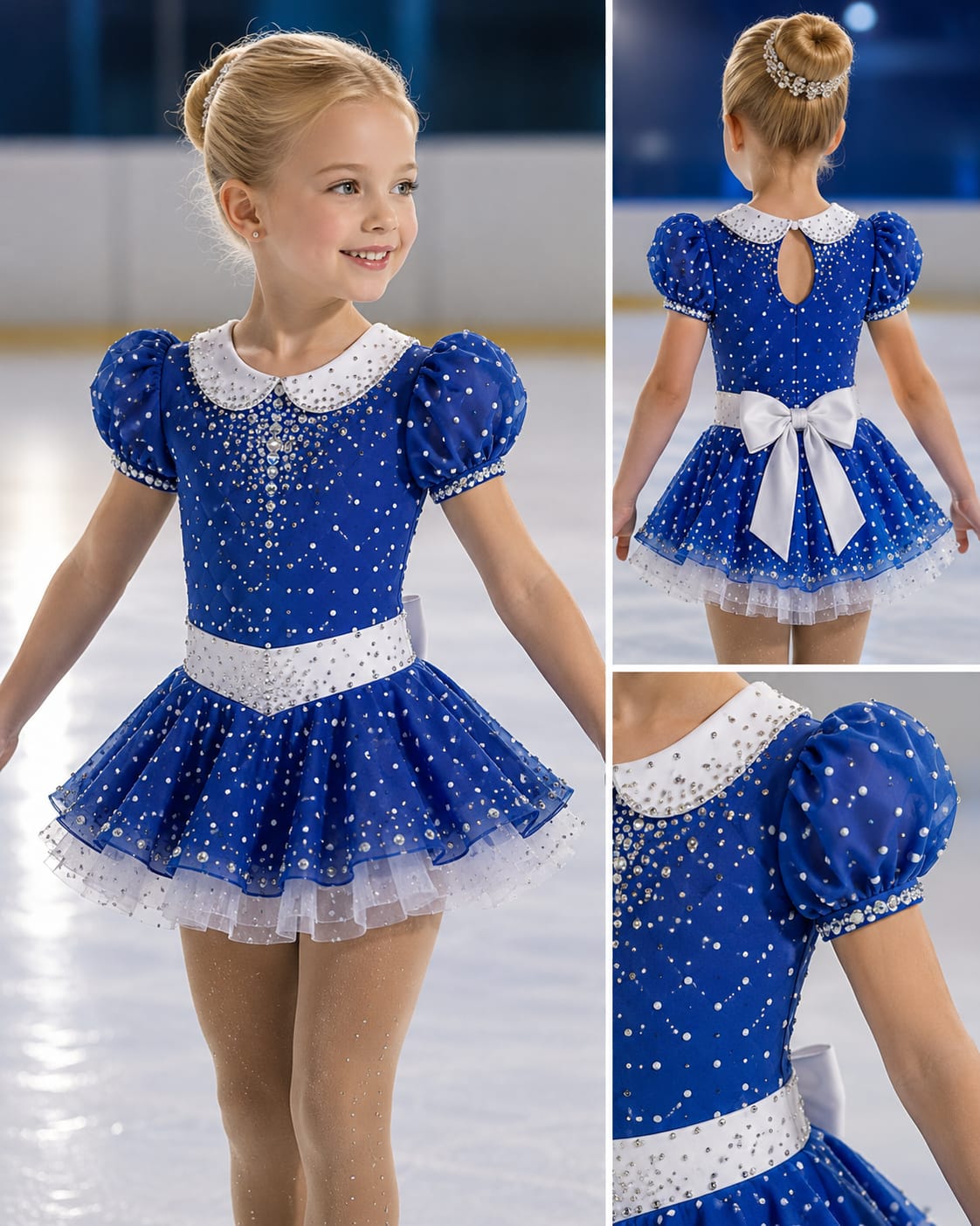 LIUHUO Figure Skating Dress JC1321 | Blue & White Peter Pan Collar Crystal Competition Skating Costume for Girls
