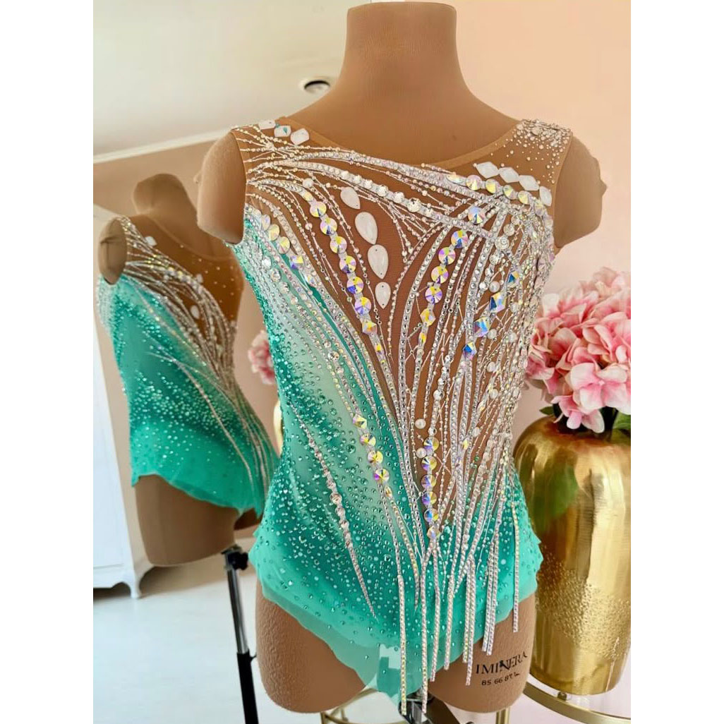 LIUHUO Rhythmic Gymnastics Leotard JC1425 | Gradient Turquoise Crystal Competition Gymnastics Costume for Girls & Women