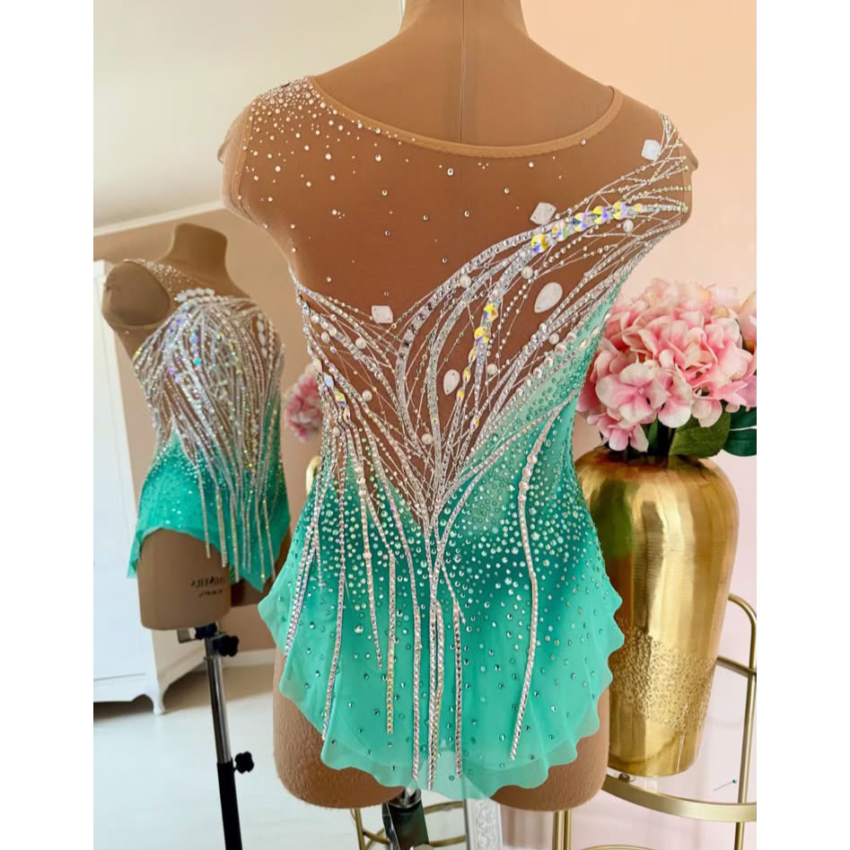 LIUHUO Rhythmic Gymnastics Leotard JC1425 | Gradient Turquoise Crystal Competition Gymnastics Costume for Girls & Women