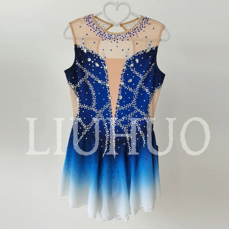 LIUHUO Ice Figure Skating Dress Girls Women Teens Stretchy Spandex Gradient Blue Competition Wholesale-LIUHUO