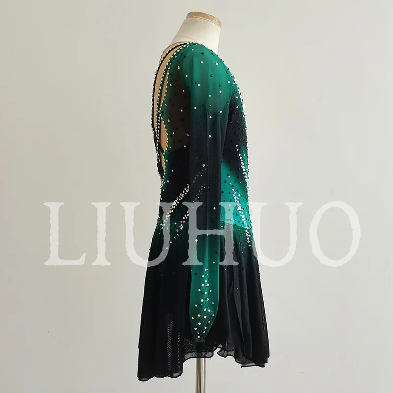 LIUHUO Ice Figure Skating Dress Black Green Girls Women Teens Stretchy Spandex Competition Wholesale-LIUHUO