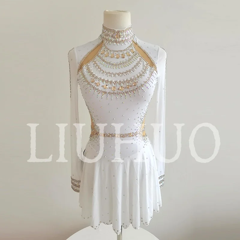 LIUHUO Ice Figure Skating Dress Girls Women Teens Stretchy Spandex White Competition Wholesale-LIUHUO