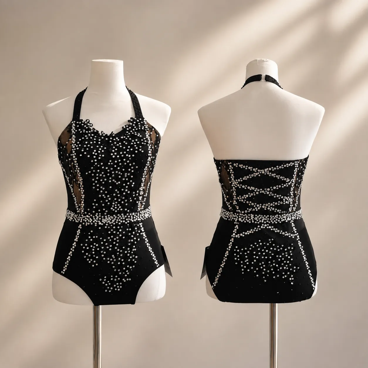 LIUHUO Lyrical Dance Costume JC888 | Onyx Black Crystal Lattice Halter Neck Sleeveless Leotard Outfit for Women & Girls
