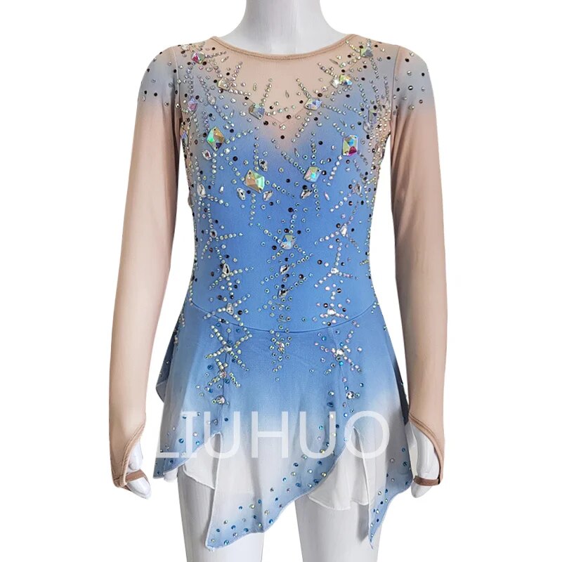 LIUHUO Light Blue Gradient Figure Skating Dress Girls Women Practice Long Sleeve Ice Skating Skirt Performance Wear-LIUHUO