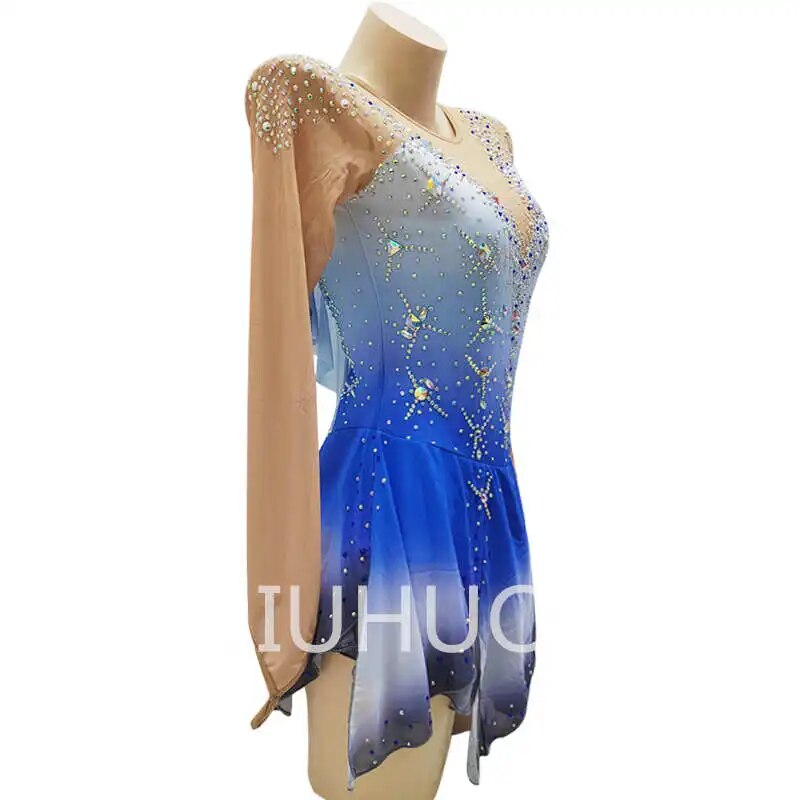 Blue gradient Figure Skating Dress Girls Women Practice Long Sleeve Ice Skating Skirt Performance Wear-LIUHUO