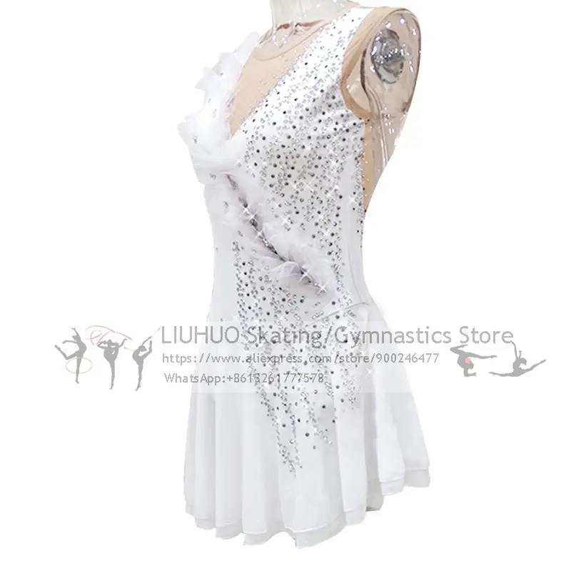 Ice Skating Dress Girls White Flower Spandex Elastane High Elasticity Competition Skating Wear Handmade Jeweled Rhin-LIUHUO