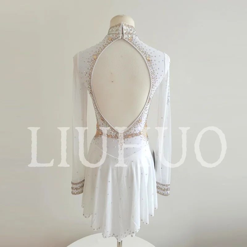 LIUHUO Ice Figure Skating Dress Girls Women Teens Stretchy Spandex White Competition Wholesale-LIUHUO