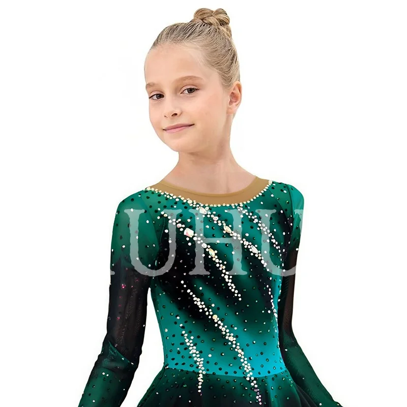 LIUHUO Ice Figure Skating Dress Black Green Girls Women Teens Stretchy Spandex Competition Wholesale-LIUHUO