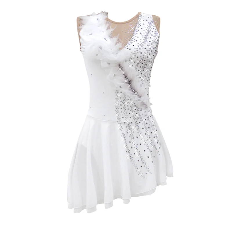 Ice Skating Dress Girls White Flower Spandex Elastane High Elasticity Competition Skating Wear Handmade Jeweled Rhin-LIUHUO
