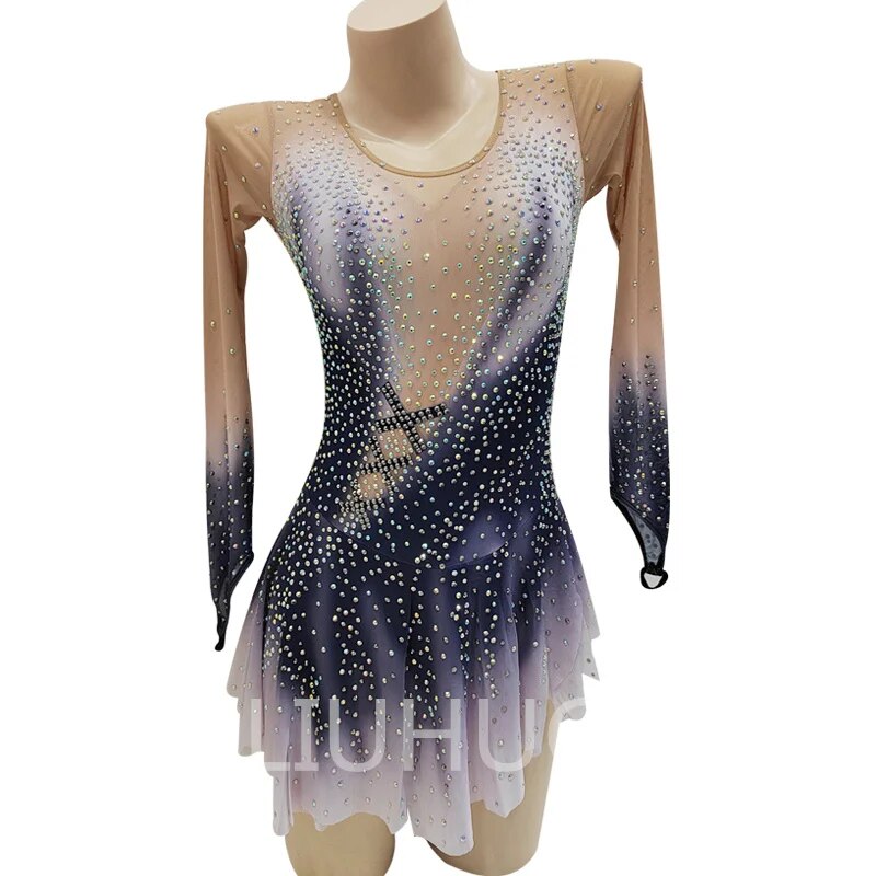 LIUHUO Grey gradient Figure Skating Dress Girls Women Practice Sleeveless Ice Skating Skirt Performance Wear-LIUHUO