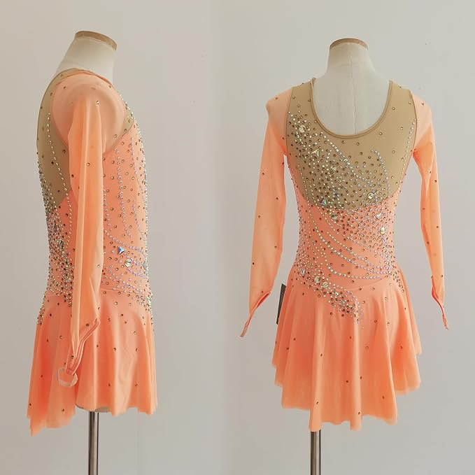LIUHUO Figure Skating Dress JC1322 | Peach Crystal Competition Skating Costume for Girls & Women