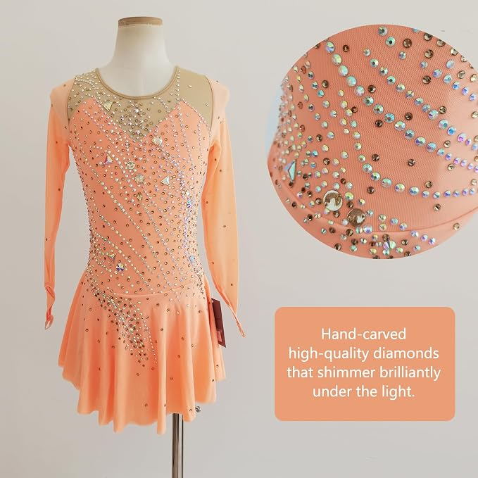 LIUHUO Figure Skating Dress JC1322 | Peach Crystal Competition Skating Costume for Girls & Women