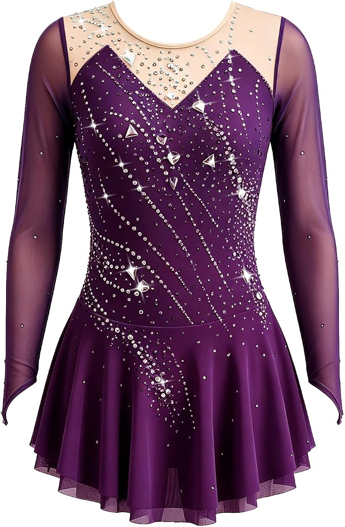 LIUHUO Figure Skating Dress JC | Champagne Gold Ombré One-Shoulder Crystal Chiffon Costume for Women