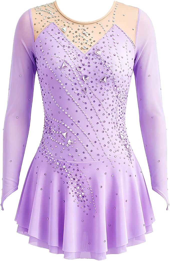 LIUHUO Figure Skating Dress JC | Champagne Gold Ombré One-Shoulder Crystal Chiffon Costume for Women