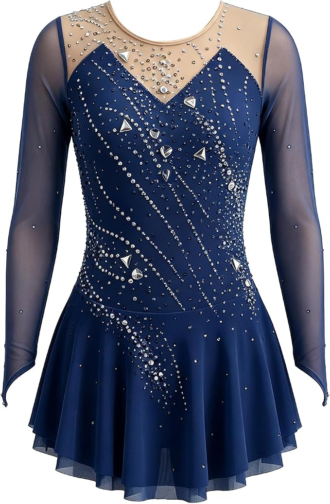 LIUHUO Figure Skating Dress JC | Champagne Gold Ombré One-Shoulder Crystal Chiffon Costume for Women