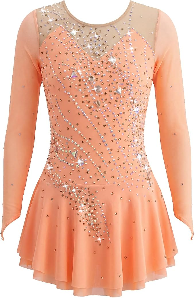 LIUHUO Figure Skating Dress JC | Champagne Gold Ombré One-Shoulder Crystal Chiffon Costume for Women