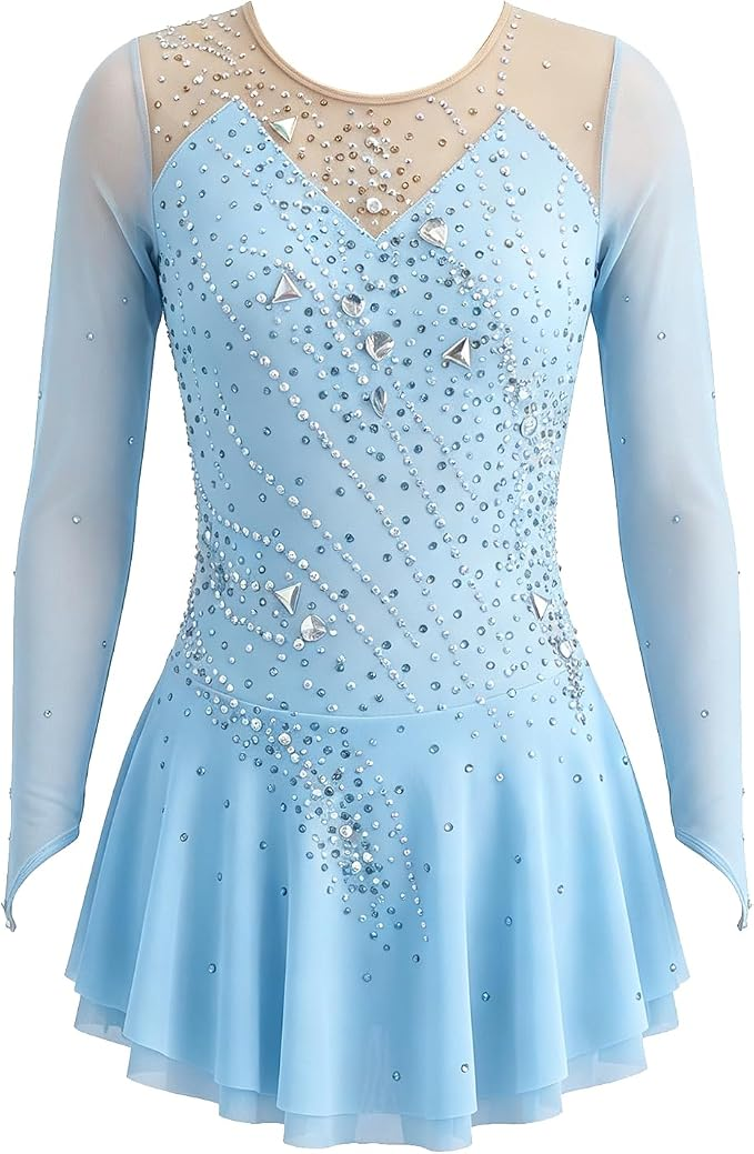 LIUHUO Figure Skating Dress JC | Champagne Gold Ombré One-Shoulder Crystal Chiffon Costume for Women