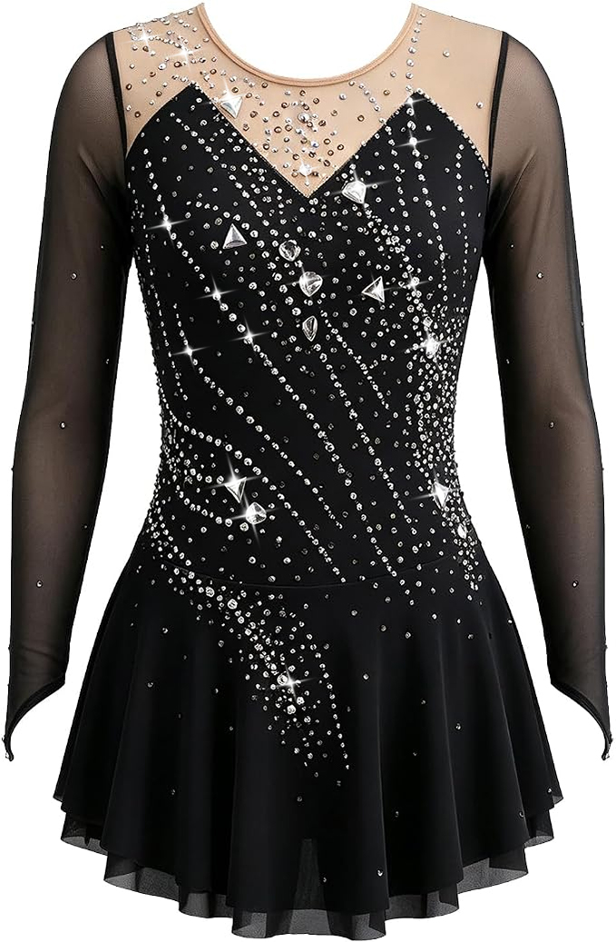 LIUHUO Figure Skating Dress JC | Champagne Gold Ombré One-Shoulder Crystal Chiffon Costume for Women