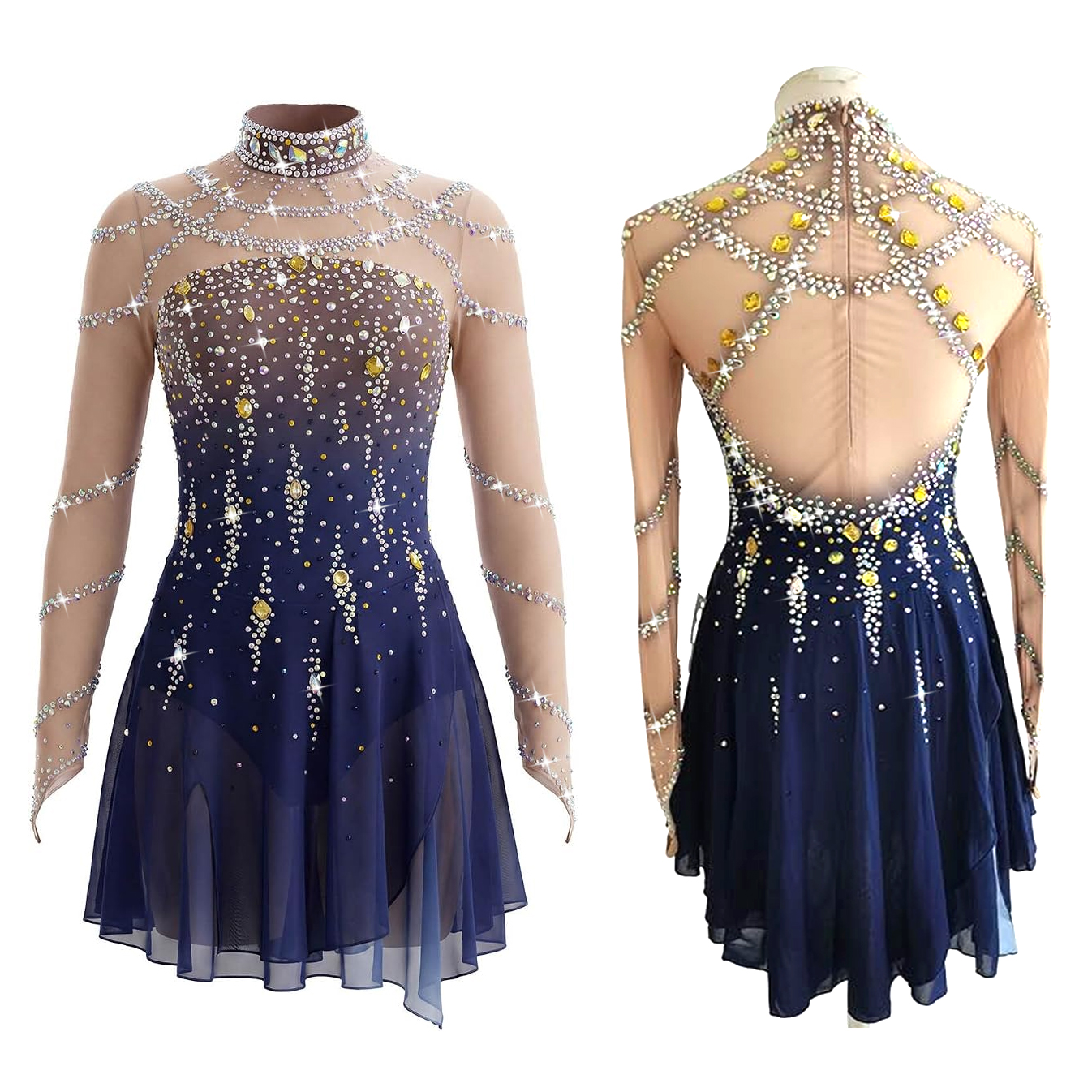 LIUHUO Figure Skating Dress JC846 | Navy Blue & Gold Crystal High-Neck Competition Skating Costume for Girls & Women