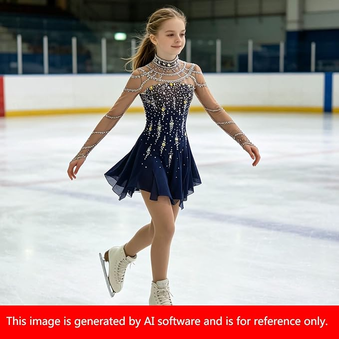 LIUHUO Figure Skating Dress JC846 | Navy Blue & Gold Crystal High-Neck Competition Skating Costume for Girls & Women