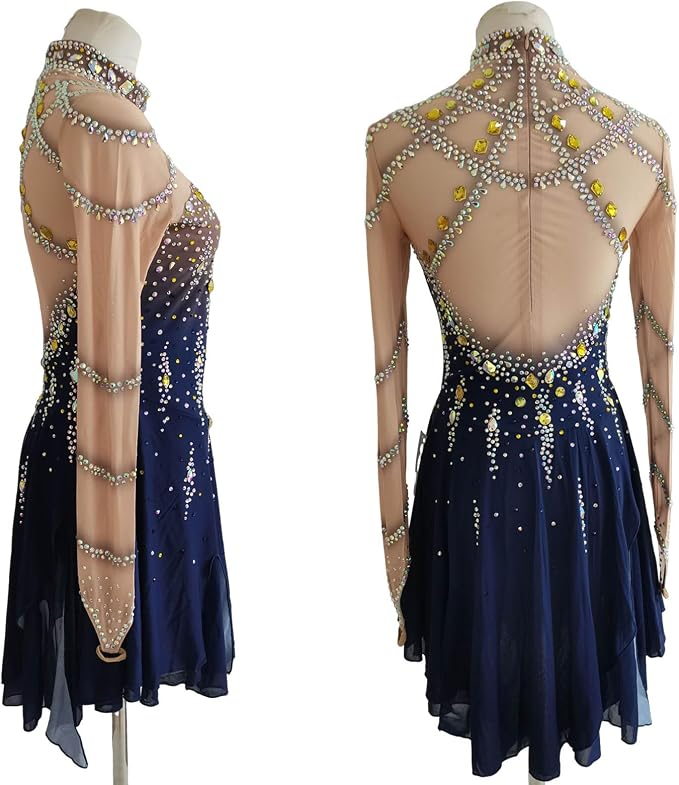LIUHUO Figure Skating Dress JC846 | Navy Blue & Gold Crystal High-Neck Competition Skating Costume for Girls & Women