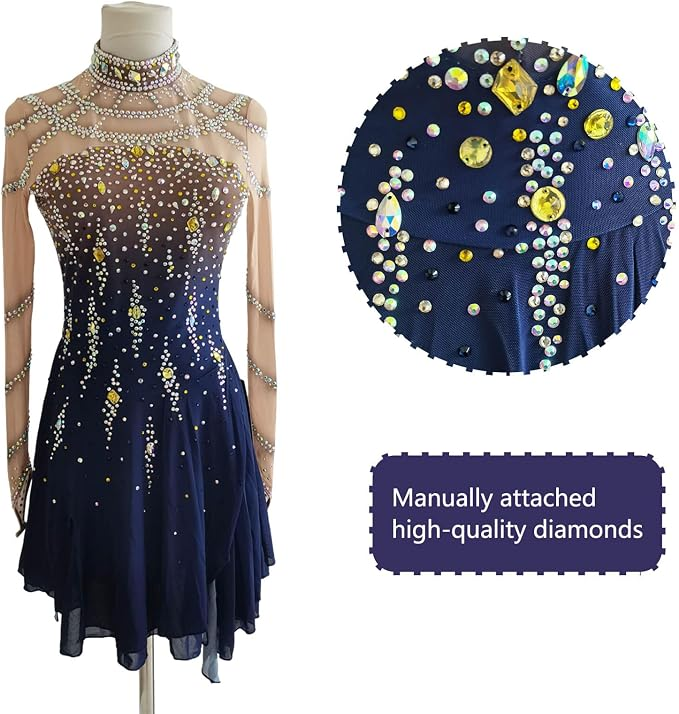 LIUHUO Figure Skating Dress JC846 | Navy Blue & Gold Crystal High-Neck Competition Skating Costume for Girls & Women