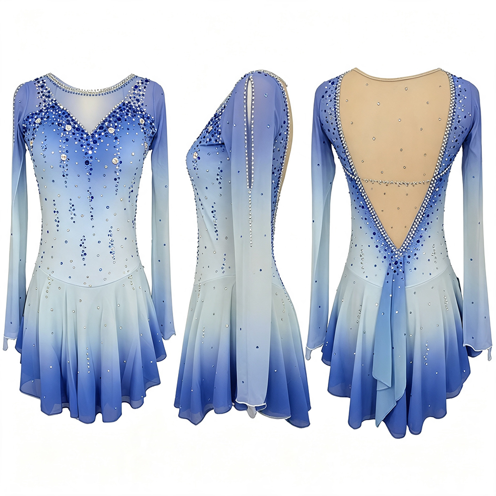 LIUHUO Figure Skating Dress BD8003 | Periwinkle Blue Ombré Deep-V Back Crystal Long Sleeve Competition Outfit for Women & Girls