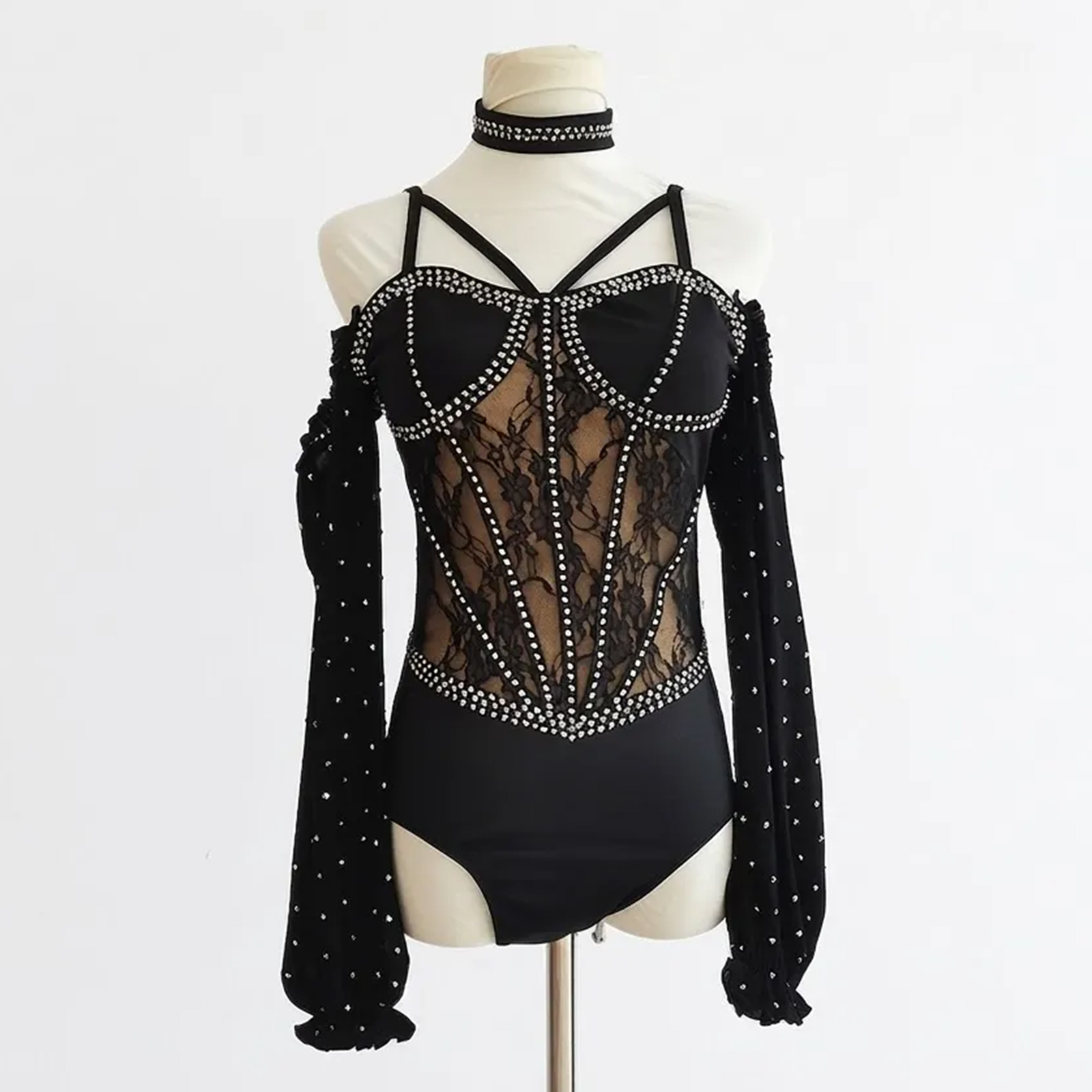 LIUHUO Lyrical Costumes JC1084 | Black Lace & Rhinestone Performance Costume for Girls