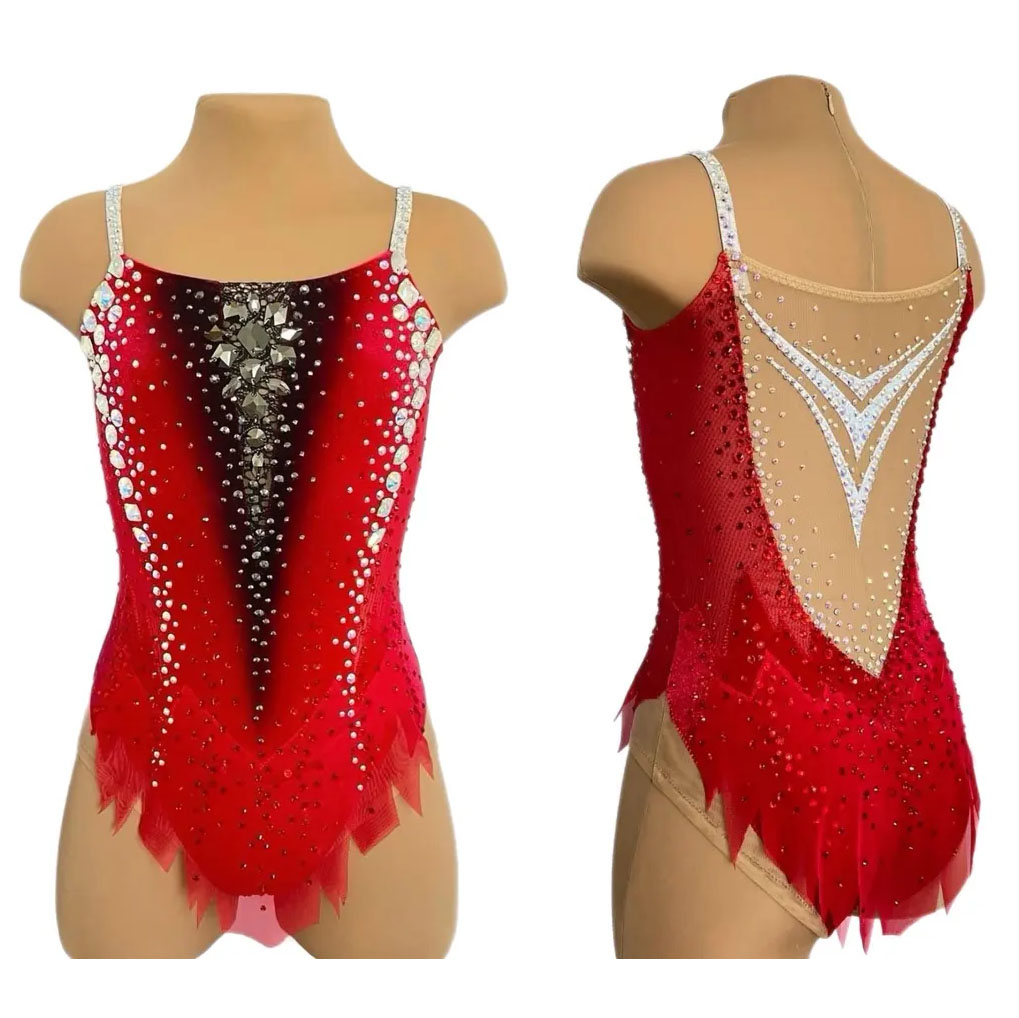 LIUHUO Rhythmic Gymnastics Leotards JC1266 | Bold Red & Black Ombre Crystal Competition Gymnastics Costume for Girls & Women