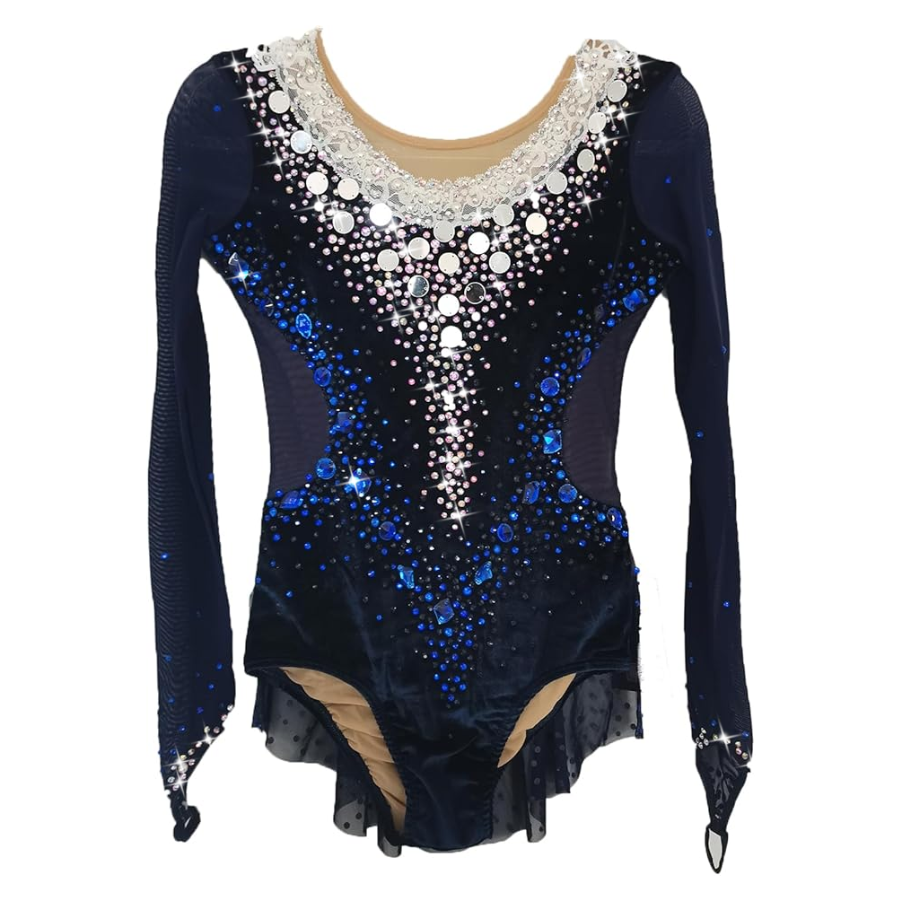 LIUHUO Rhythmic Gymnastics Leotard BD7129 | Black Velvet & Blue Crystal Competition Gymnastics Costume for Girls & Women