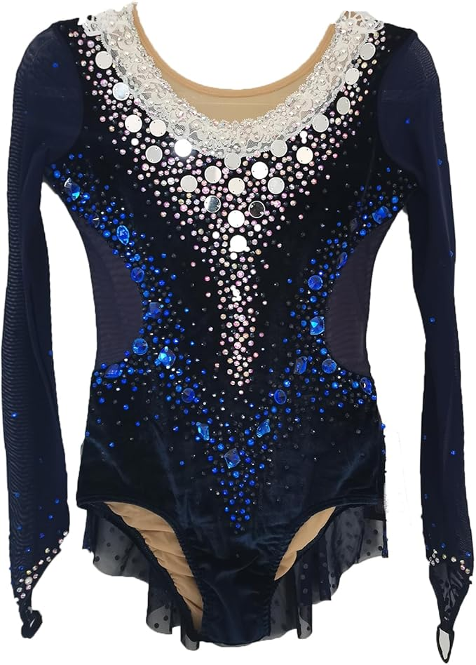LIUHUO Rhythmic Gymnastics Leotard BD7129 | Black Velvet & Blue Crystal Competition Gymnastics Costume for Girls & Women