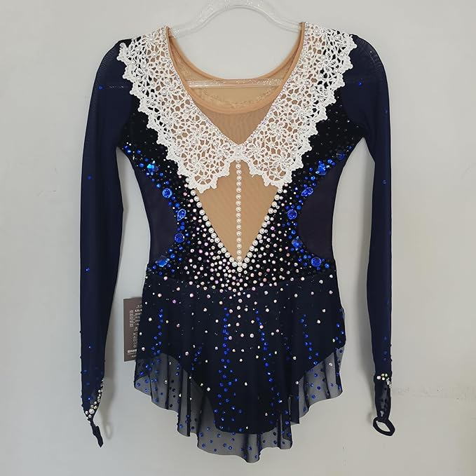 LIUHUO Rhythmic Gymnastics Leotard BD7129 | Black Velvet & Blue Crystal Competition Gymnastics Costume for Girls & Women