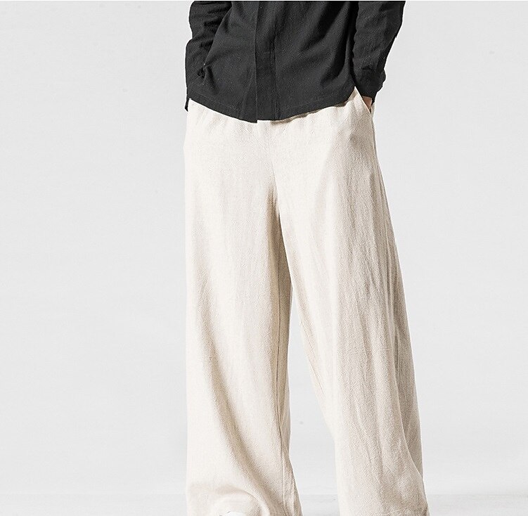 Men's Linen Pants Trousers Summer Pants Beach Pants Wide Leg Flowy Plain Comfort Breathable Full Length Casual Holiday Yoga Linen / Cotton Blend Fashion Streetwear Loose Fit Black Navy Blue