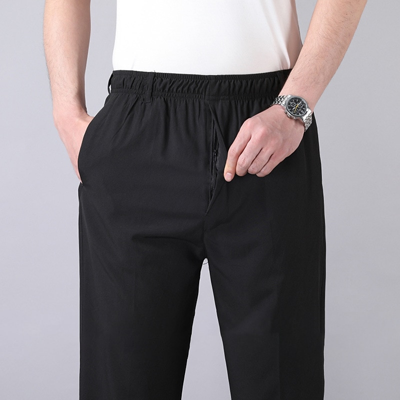 Men's Trousers Casual Pants Pocket Elastic Waist Solid Color Comfort Breathable Full Length Daily Stylish Classic Style Black Navy Blue Micro-elastic