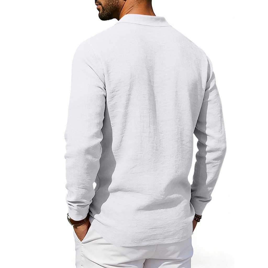 Men's Linen Shirt Polo Shirts Casual Street Lapel Long Sleeve Basic Modern Plain Buttons Spring Fall Regular Fit Black White Navy Blue Khaki Dark Grey Army Green Linen Shirt