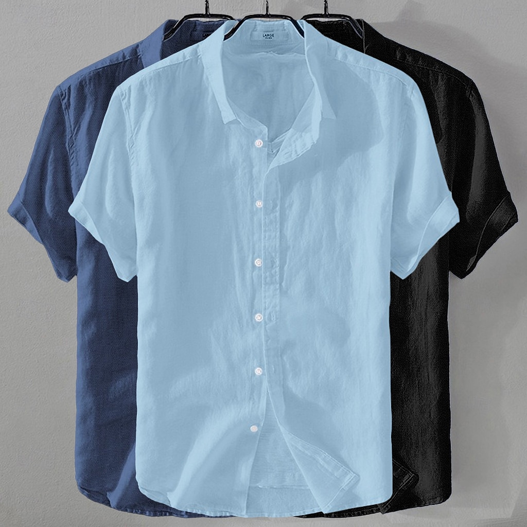 3-Piece Men's Shirt Linen Shirt Summer Shirt Beach Wear Button Up Shirt Plain Casual Beach Black+White+Gray Navy Blue+Blue+White Khaki+Green+Navy Blue Navy Blue+Blue+Black Short Sleeve Turndown Summer