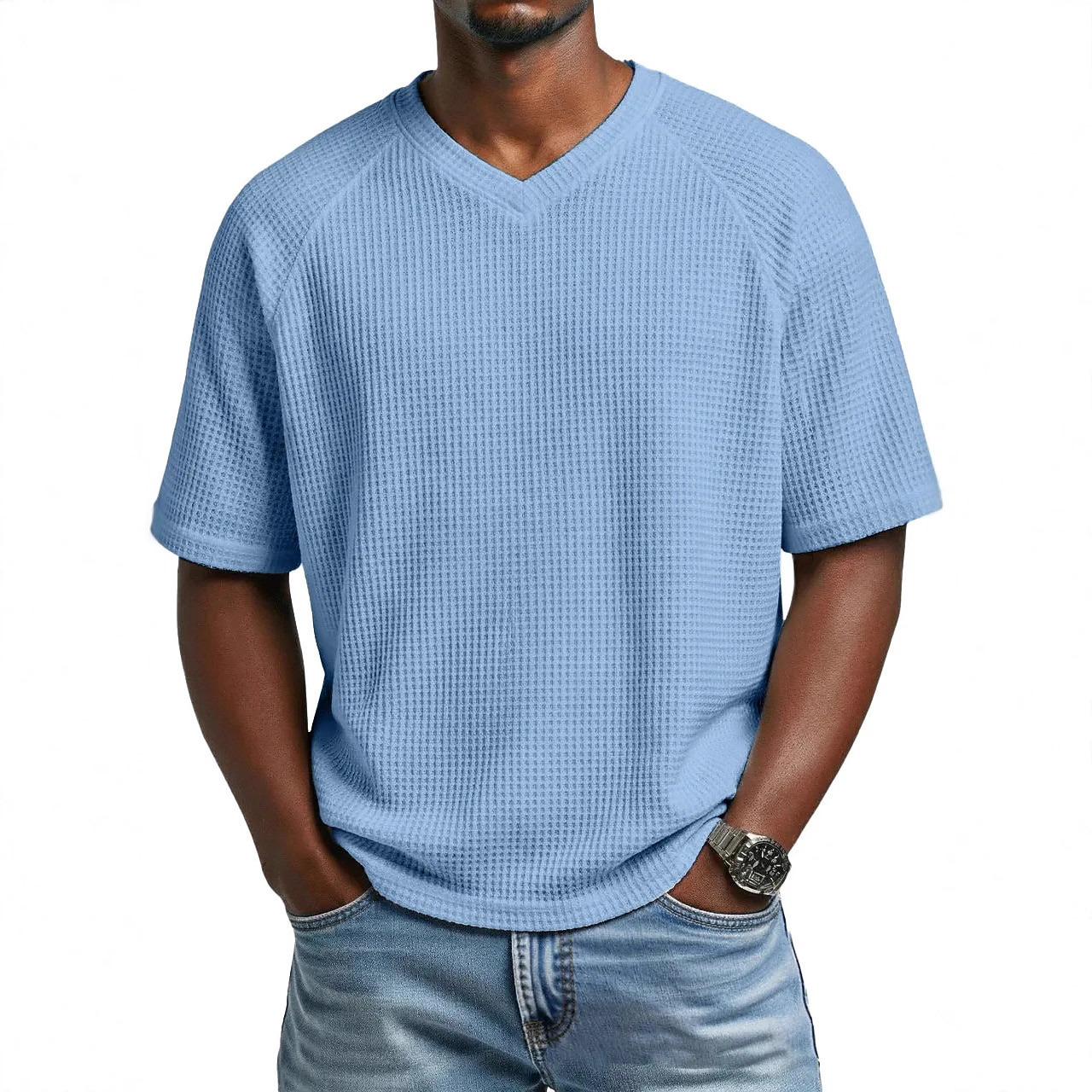 Men Waffle T-shirt Tee Top Short Sleeve V Neck Summer Solid Color Fashion Designer Casual Raglan Sleeves Casual Daily Outdoor Light Blue Black White Top Tee for Men