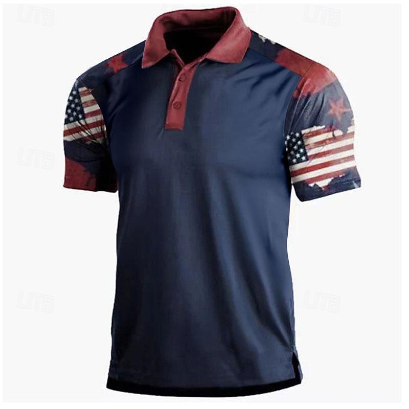 Men's Polo Shirt Golf Shirt American Flag Turndown White & Blue Custom Print White Navy Blue Blue 3D Print Street Daily Short Sleeve 3D Button-Down Clothing Apparel Fashion Casual Comfortable