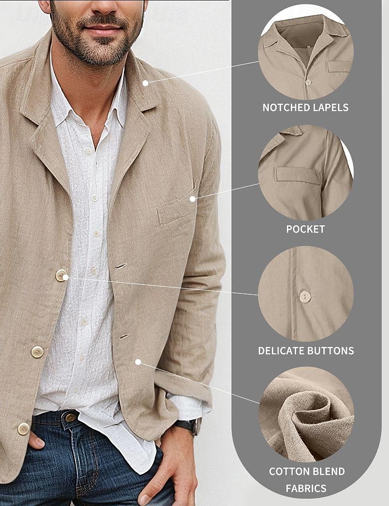 Men's Lightweight Jacket Blazer Jacket Linen Blazer Formal Office Autumn / Fall Cotton And Linen Solid Color Comfy Single Breasted Blazer Light Green Navy Blue Brown khaki