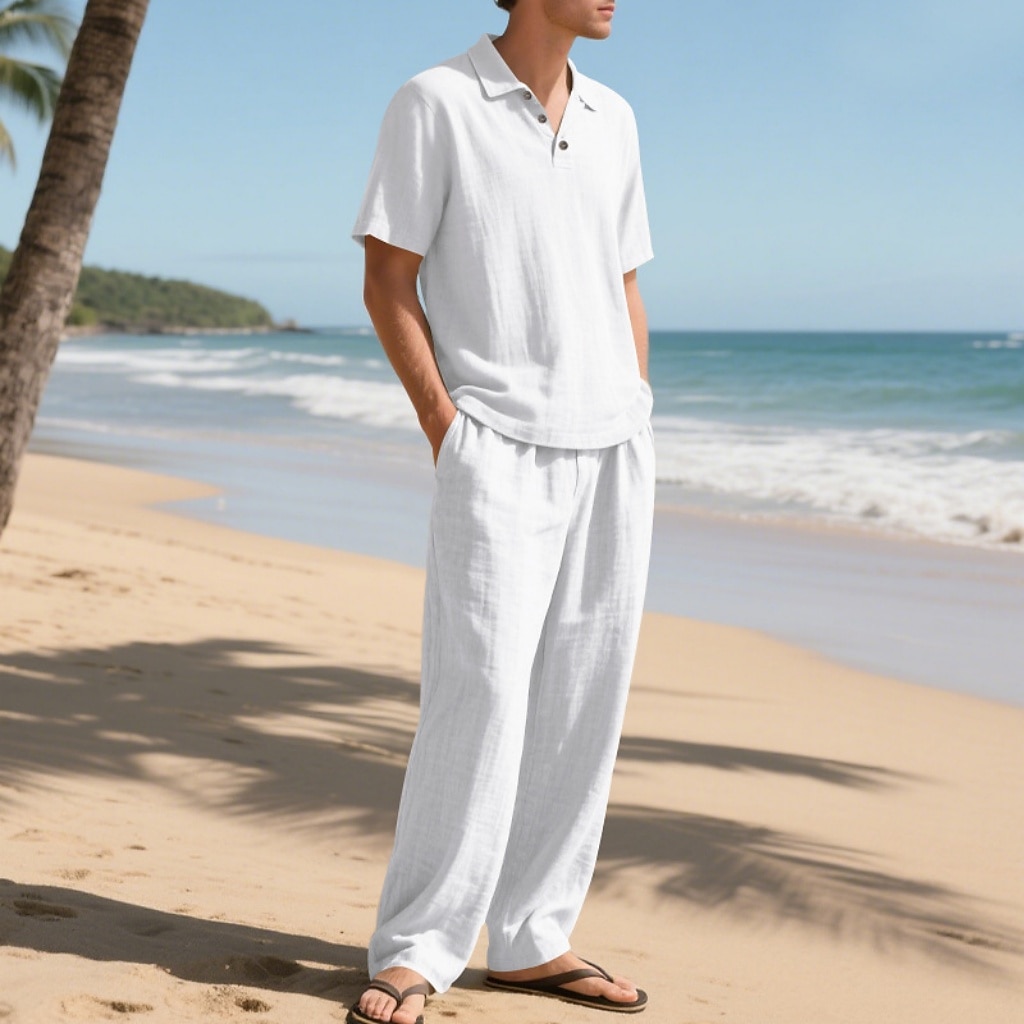 2-Piece Men's Linen Shirt Popover Shirt And Linen Pants Trousers Casual Pants Set Plain Daily Outdoor Beach Turndown Short Sleeve Summer Spring Fashion Casual Comfortable Clothing Apparel
